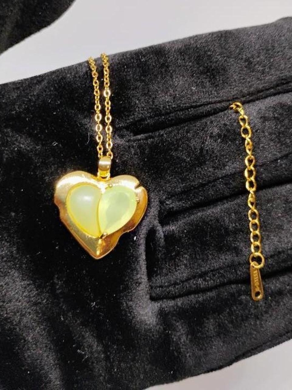 Gold Heart Pendant Necklace with Pale Green Inlay - Women Jewelry
